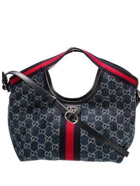 Designer Navy GiG Denim Midi Tote with Red Stripe